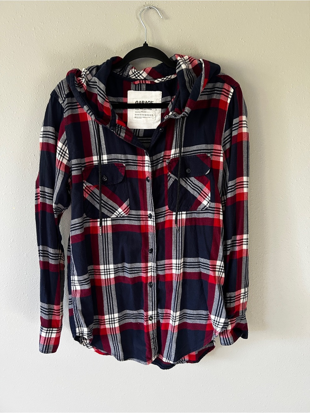 Garage Red, Navy & White Plaid Hooded Button-Up